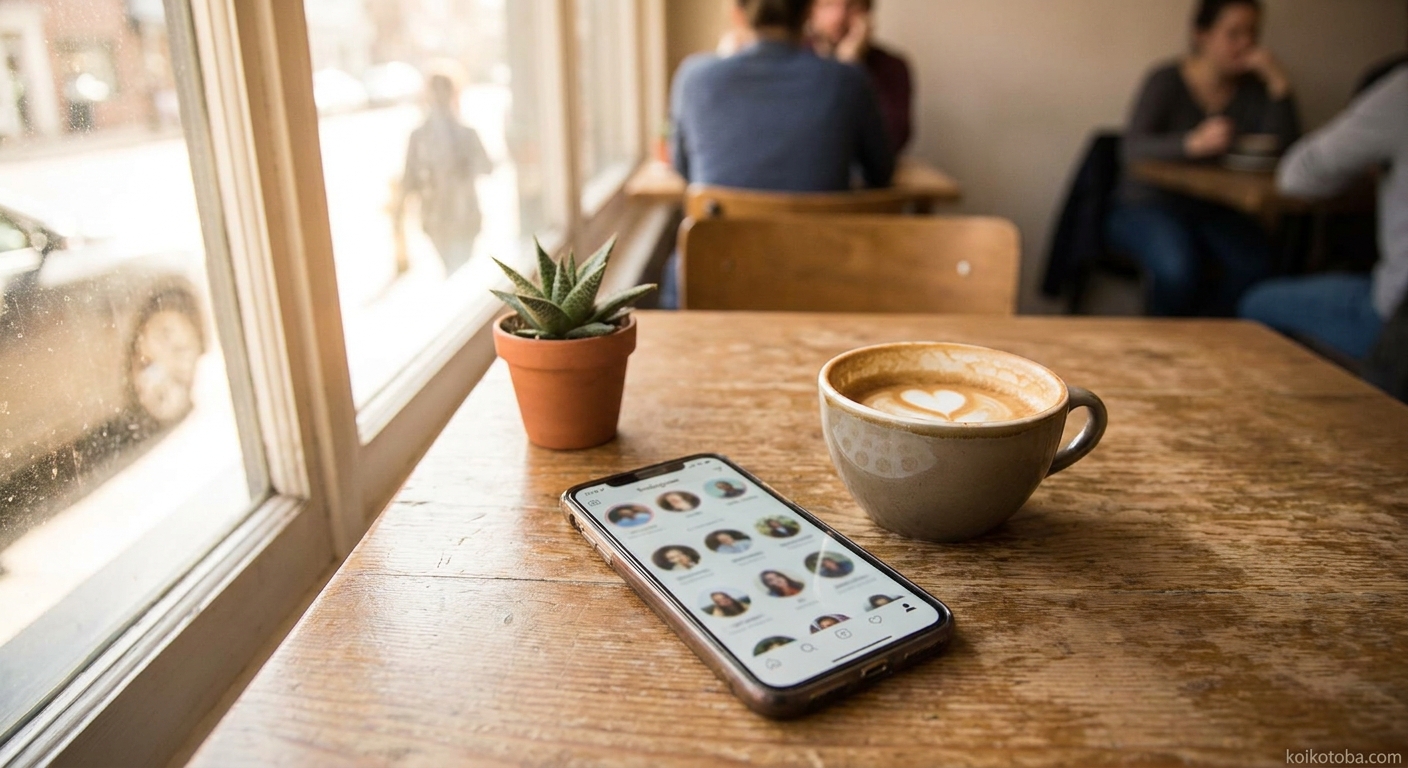 カフェの窓辺に置かれたスマートフォンとコーヒー