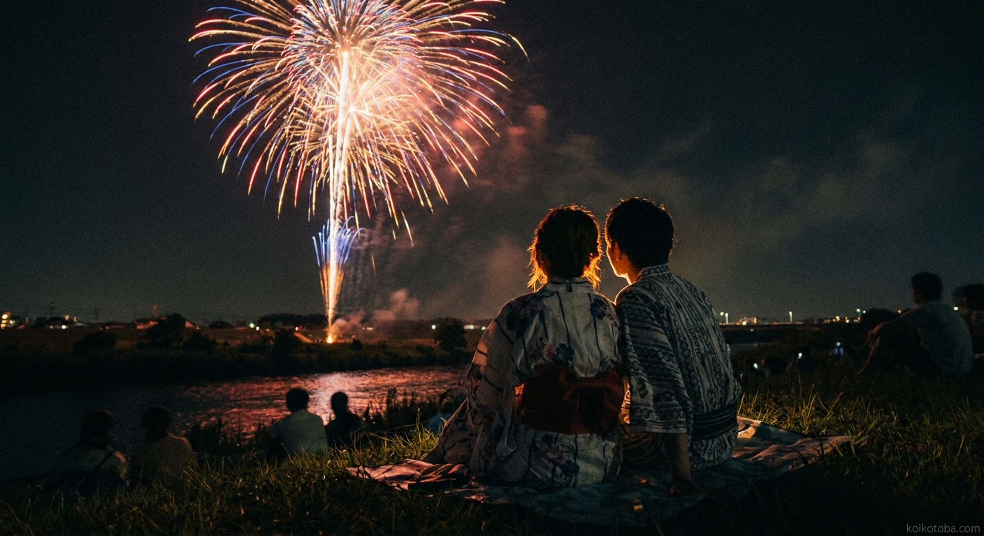 花火大会の夜に並んで花火を眺めるカップル