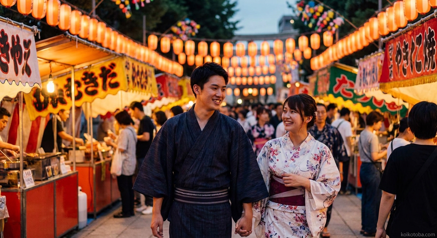 夕暮れの夏祭りで提灯の明かりの下を歩く浴衣姿の男女