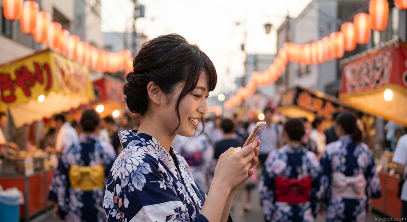 夏祭りの夜に浴衣姿でスマートフォンを見る女性