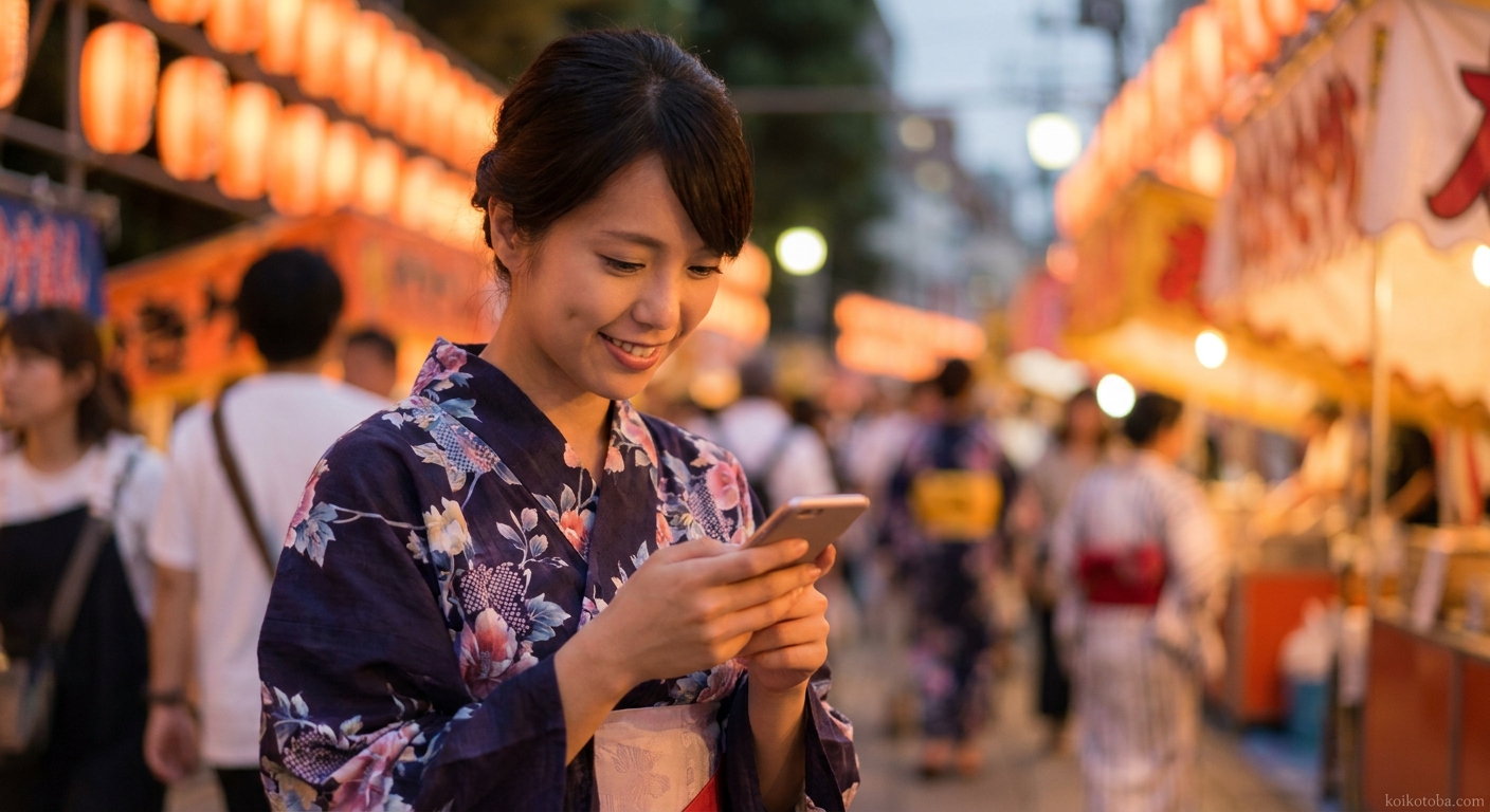 夏祭りの夜に浴衣姿でスマートフォンを見る女性