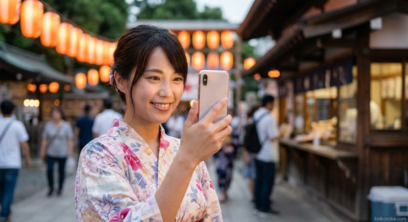 夏祭りの夜に浴衣姿でスマートフォンを見る女性
