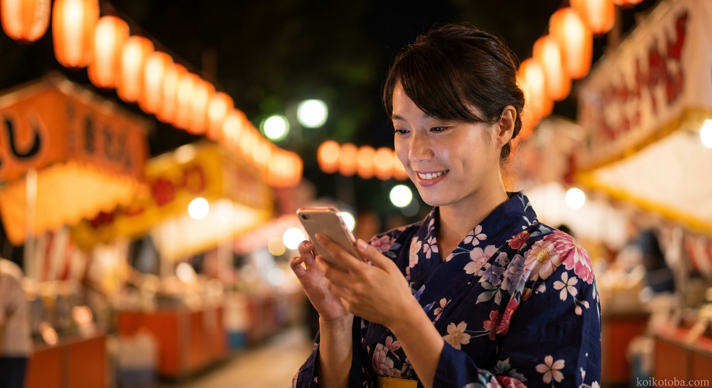 夏祭りの夜に浴衣姿でスマートフォンを見る女性