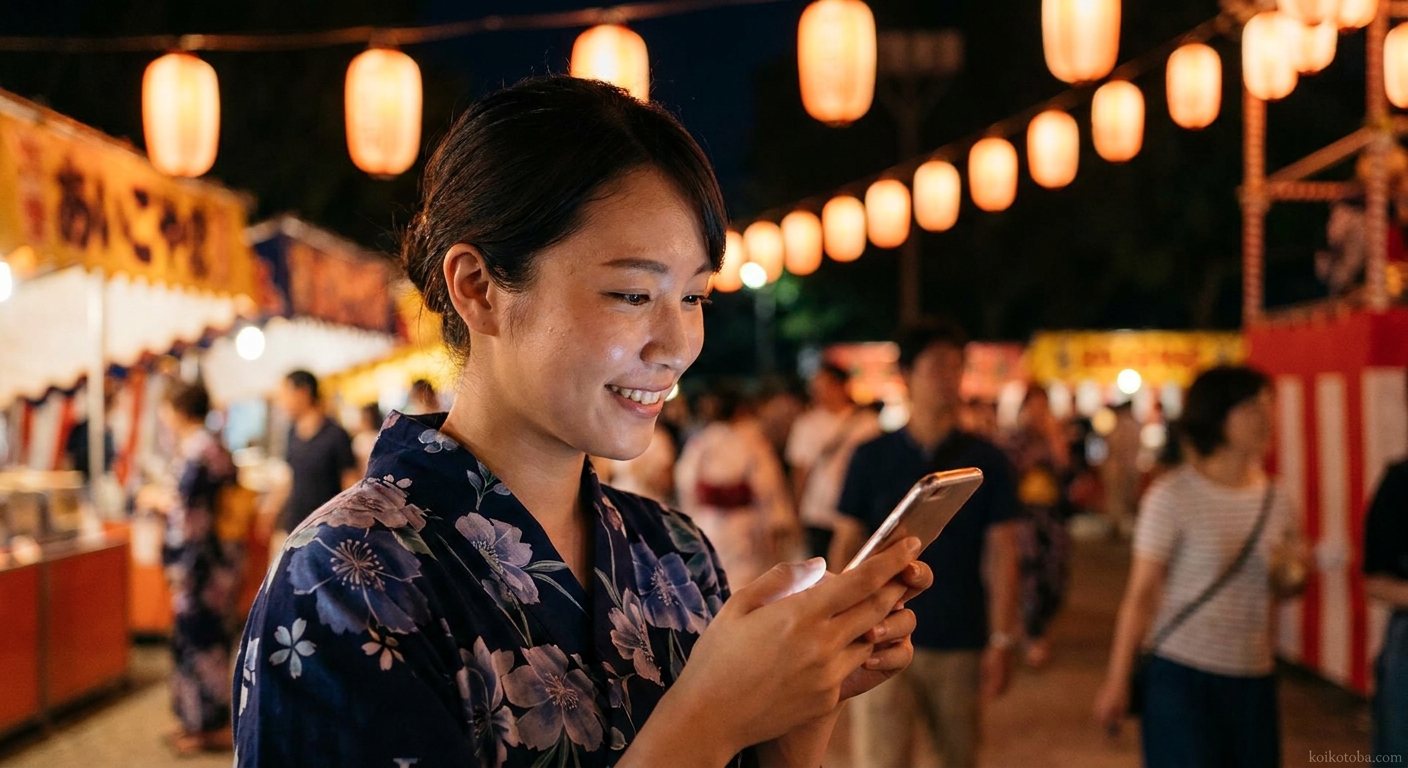 夏祭りの夜に浴衣姿でスマートフォンを見る女性
