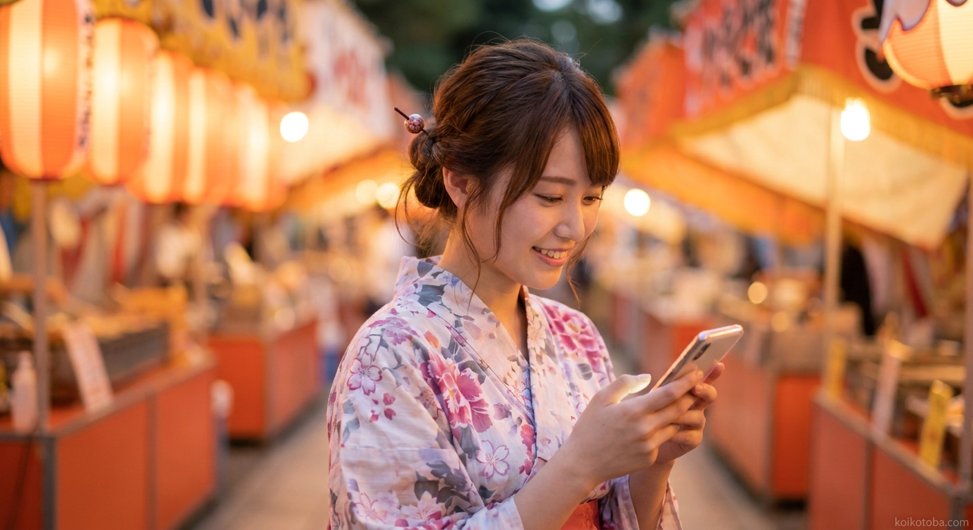夏祭りの夜に浴衣姿でスマートフォンを見る女性