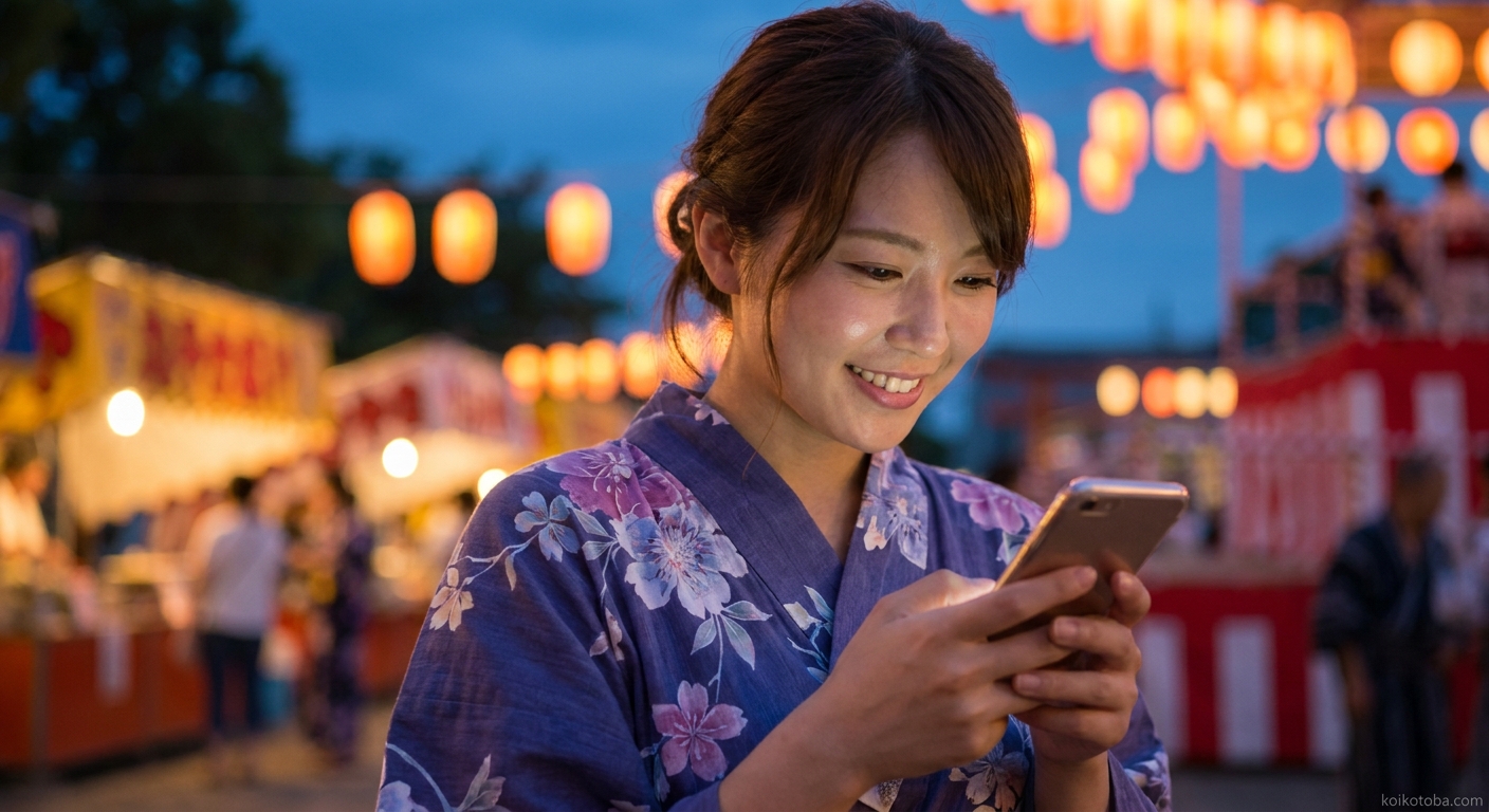 夏祭りの夜に浴衣姿でスマートフォンを見る女性