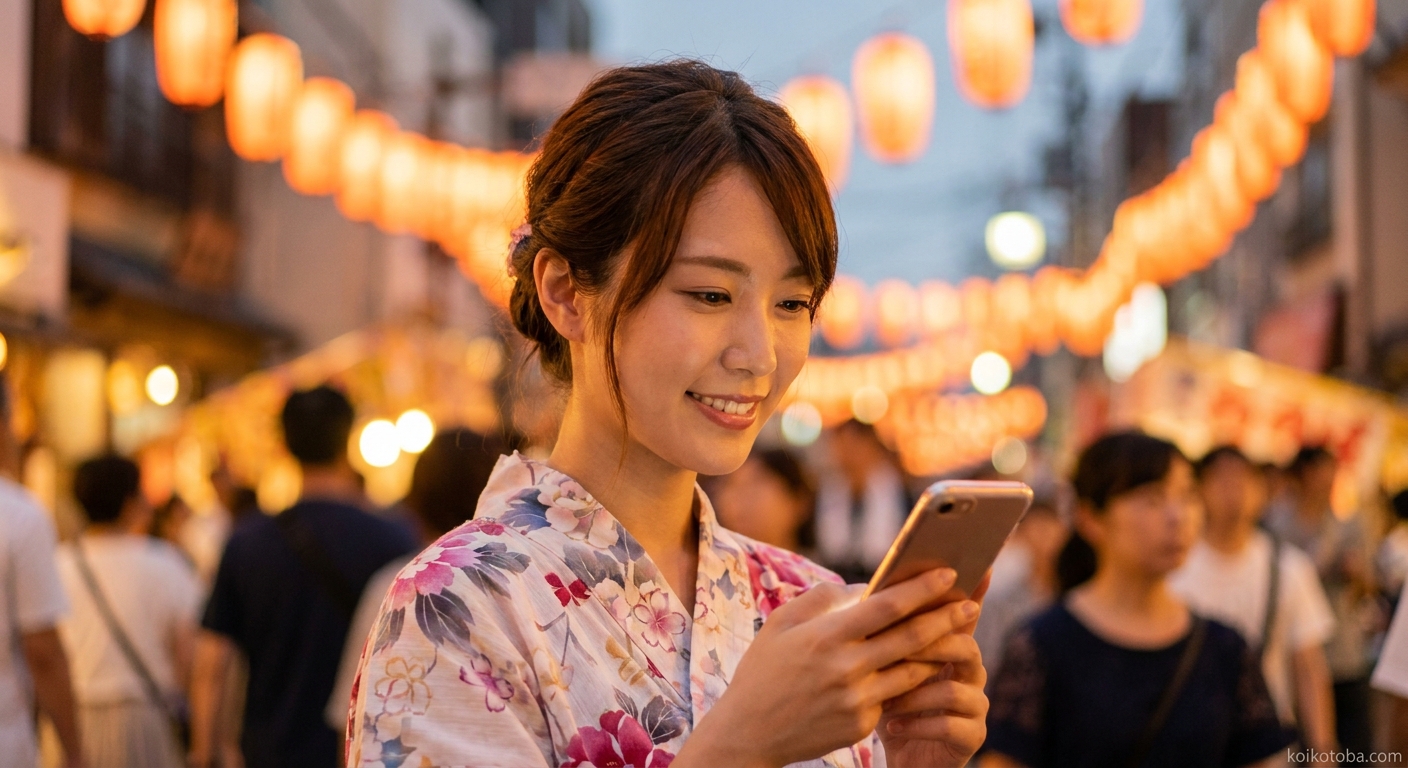 夏祭りの夜に浴衣姿でスマートフォンを見る女性