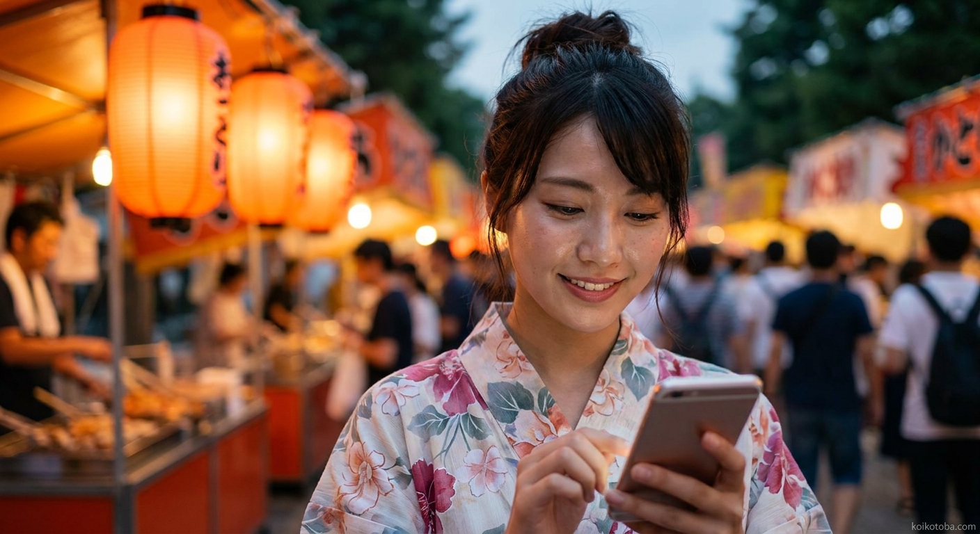 夏祭りの夜に浴衣姿でスマートフォンを見る女性