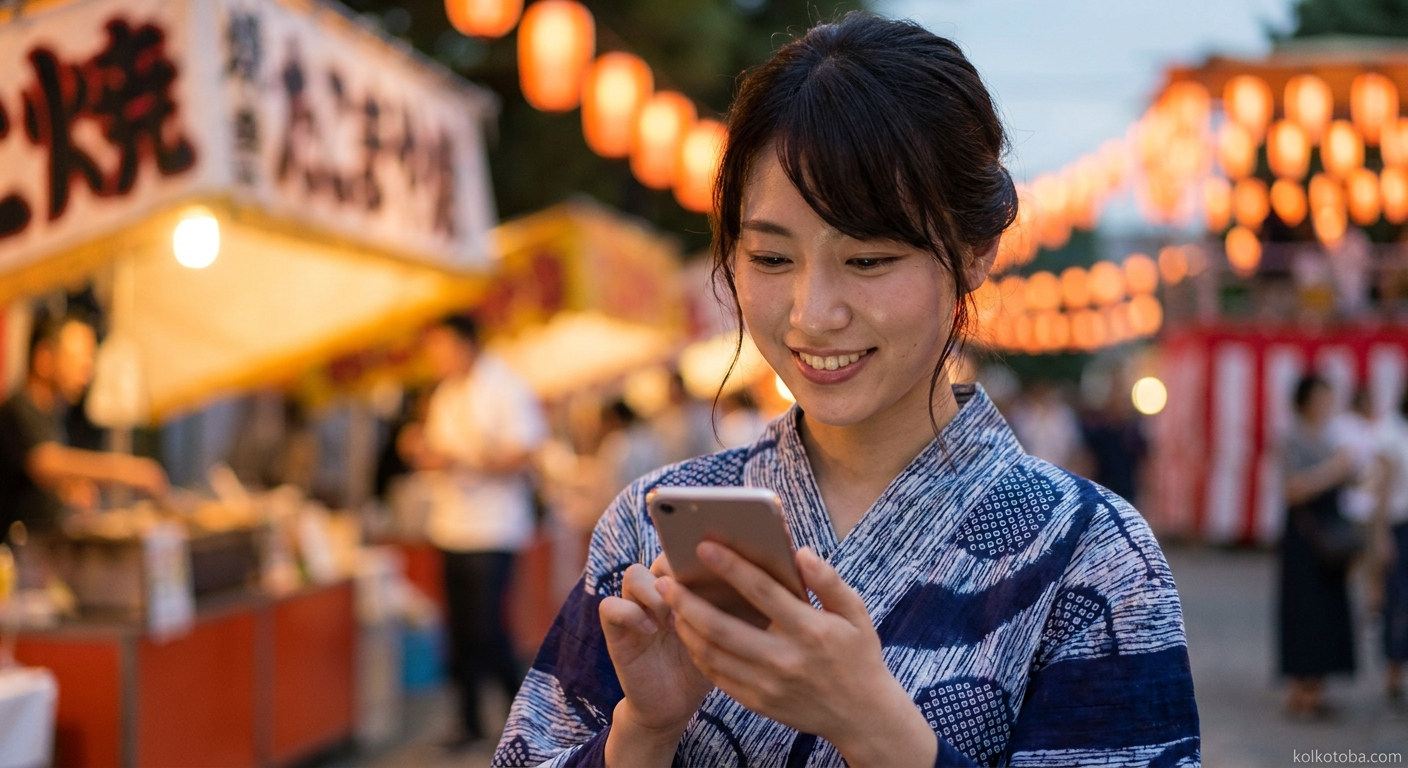 夏祭りの夜に浴衣姿でスマートフォンを見る女性
