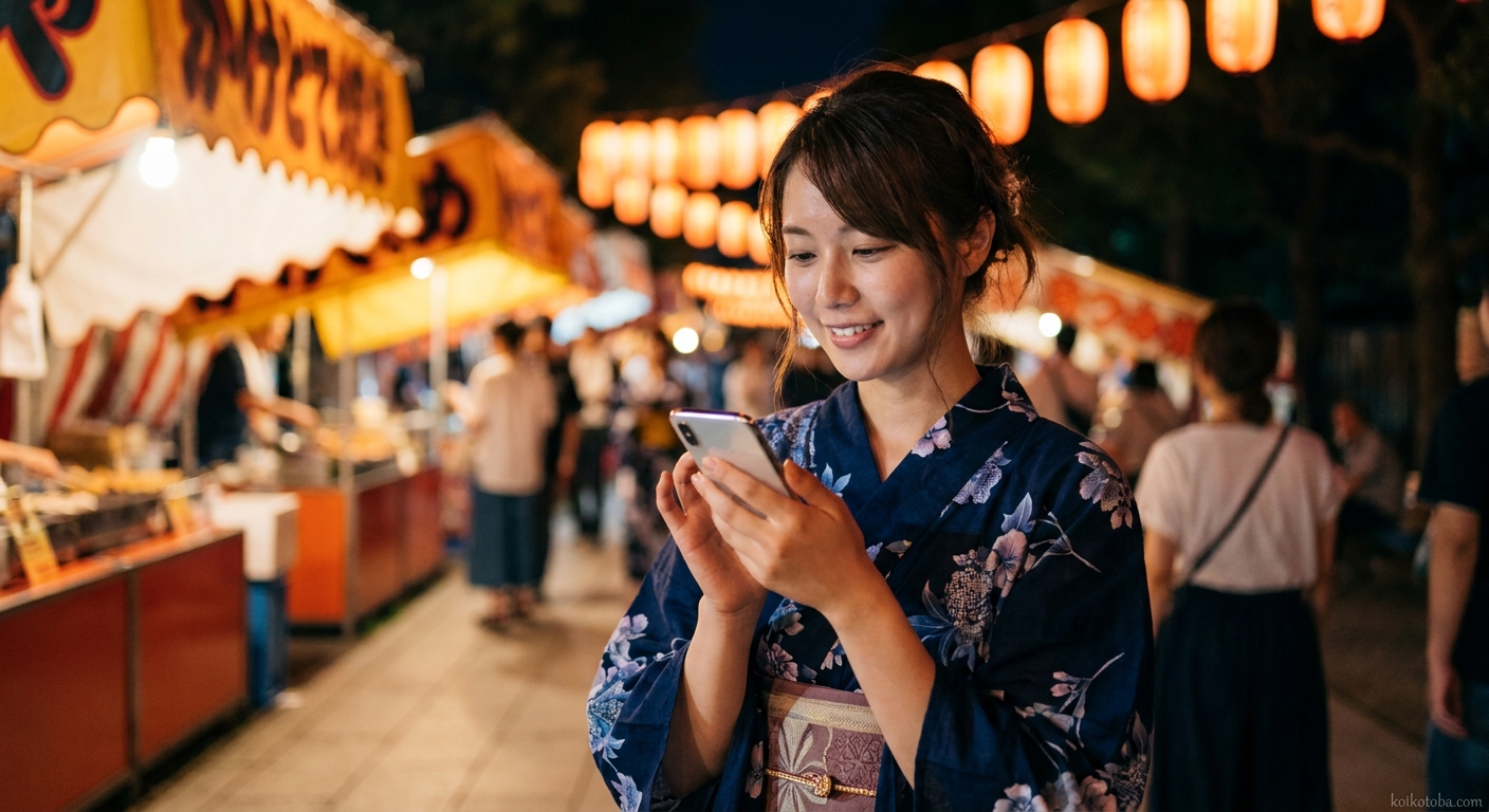 夏祭りの夜に浴衣姿でスマートフォンを見る女性