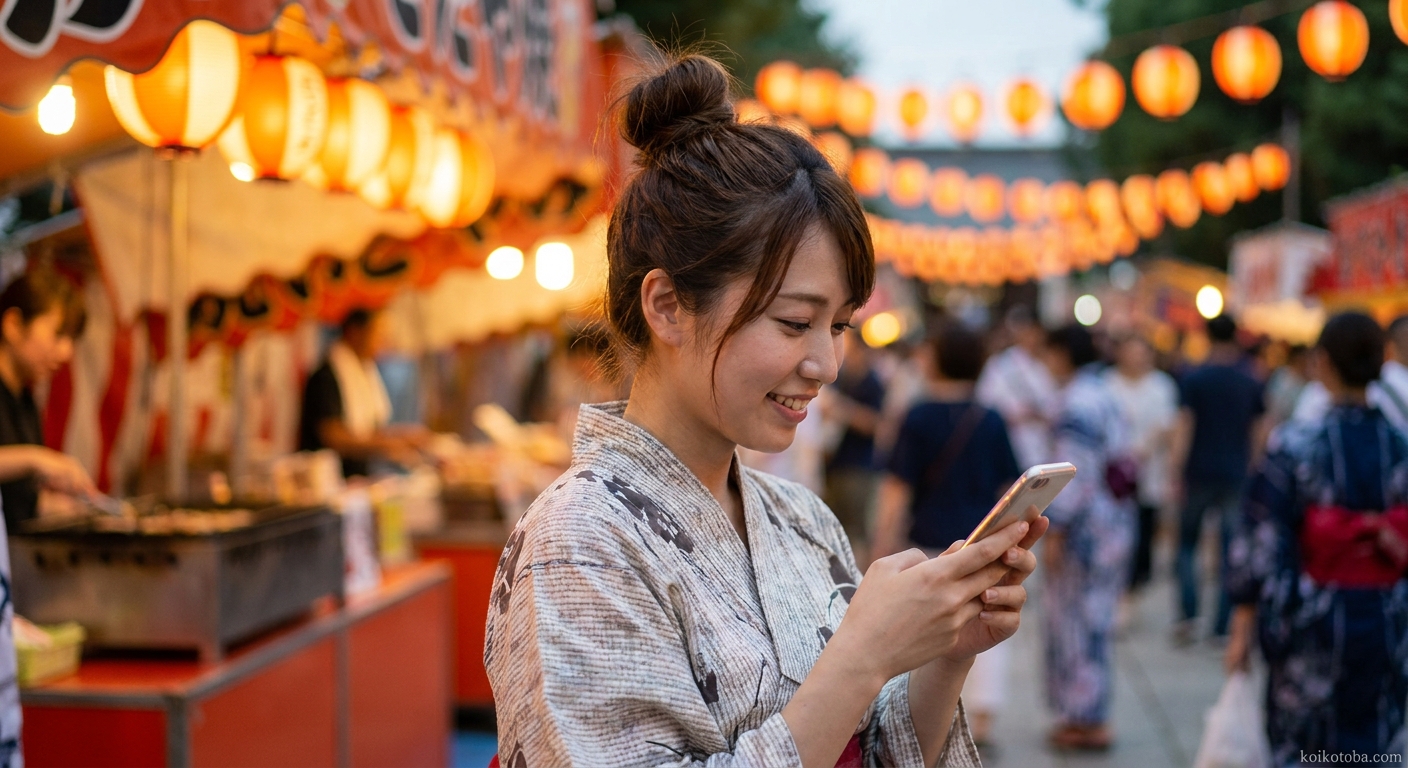 夏祭りの夜に浴衣姿でスマートフォンを見る女性