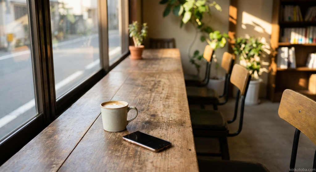 カフェの窓際に置かれたコーヒーカップとスマートフォン、ソロ活のイメージ
