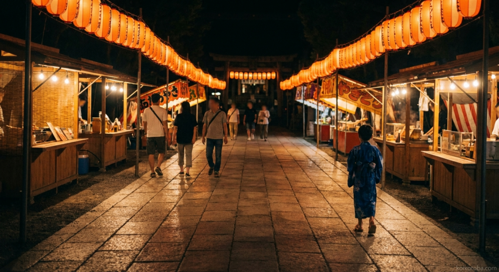 夜の夏祭り会場と提灯の光、遠くに浴衣姿の人物
