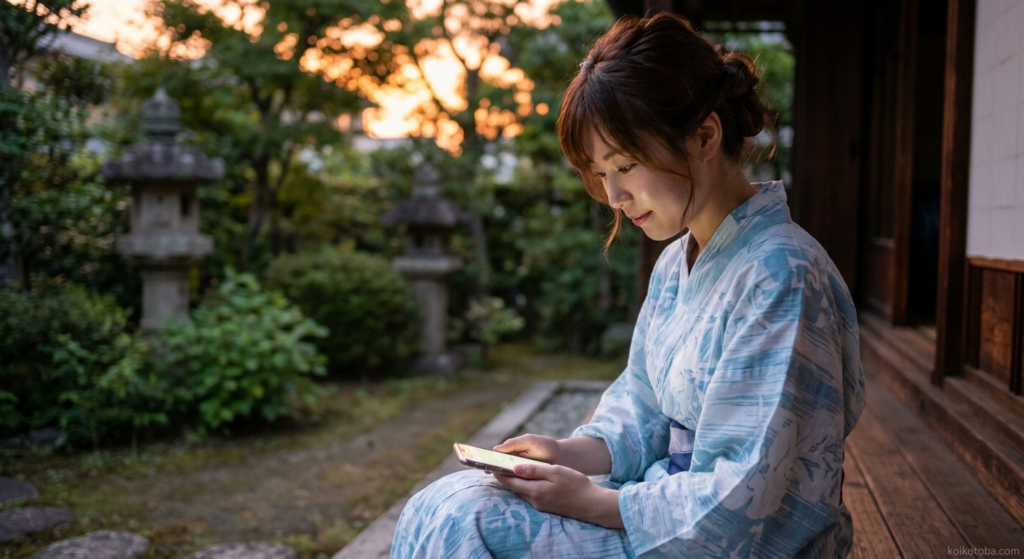 浴衣を着てスマートフォンを見つめる女性