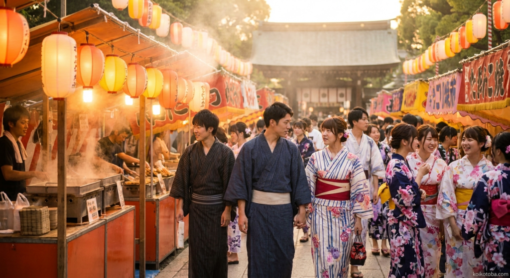 提灯に照らされた夏祭りの参道と浴衣姿の人々