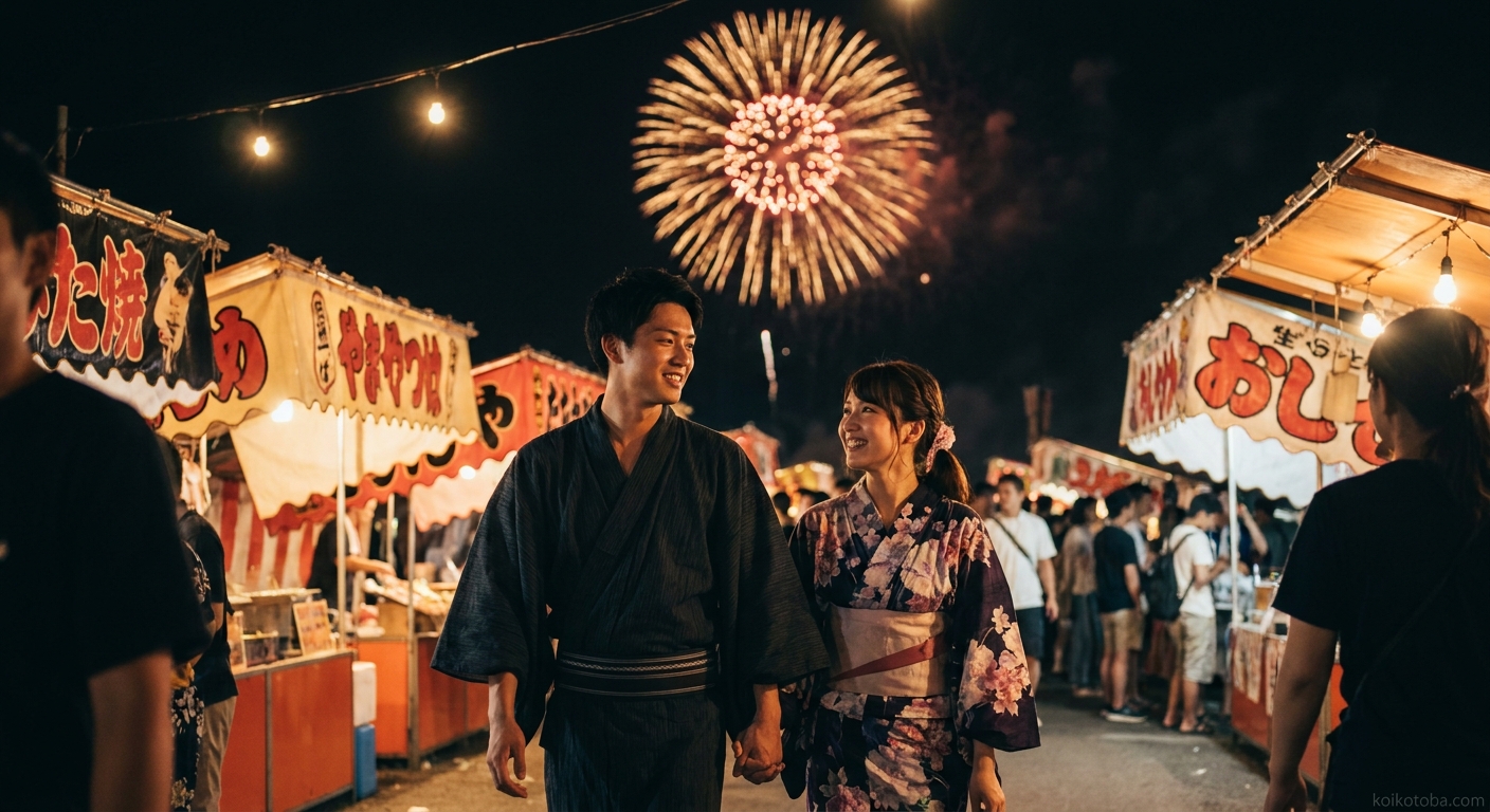 花火大会デートで並んで歩く男女