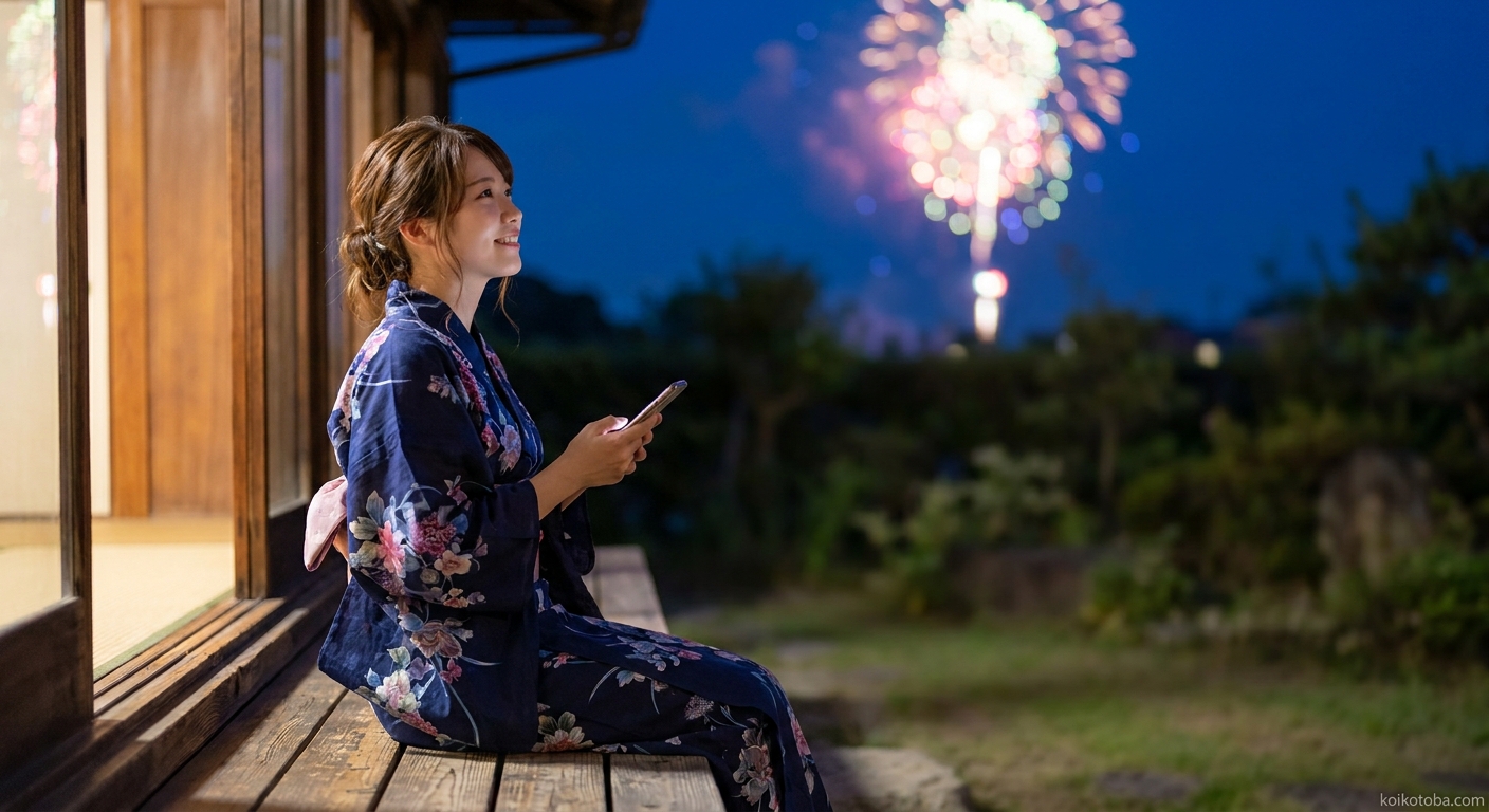 花火を眺めながらスマホを持つ浴衣姿の女性