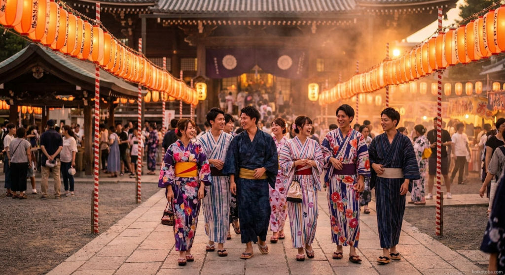 夕暮れの夏祭り会場で提灯の下を歩く浴衣姿の若者たち