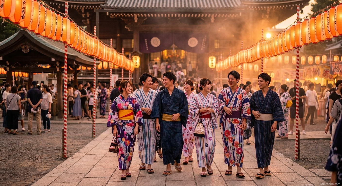 夕暮れの夏祭り会場で提灯の下を歩く浴衣姿の若者たち