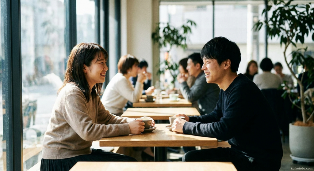 カフェで楽しそうに雑談する男女