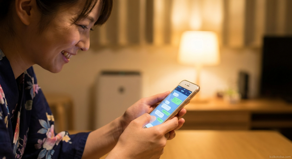 夜にスマートフォンのLINE返信を見て喜ぶ浴衣姿の女性の手元