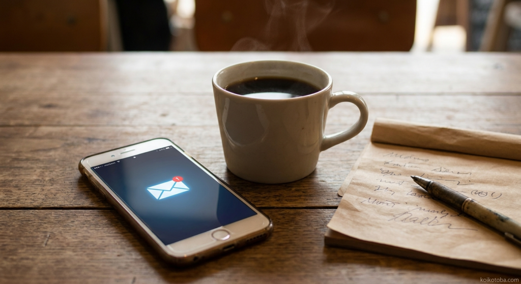 カフェのテーブルに置かれたスマートフォンとコーヒーカップ