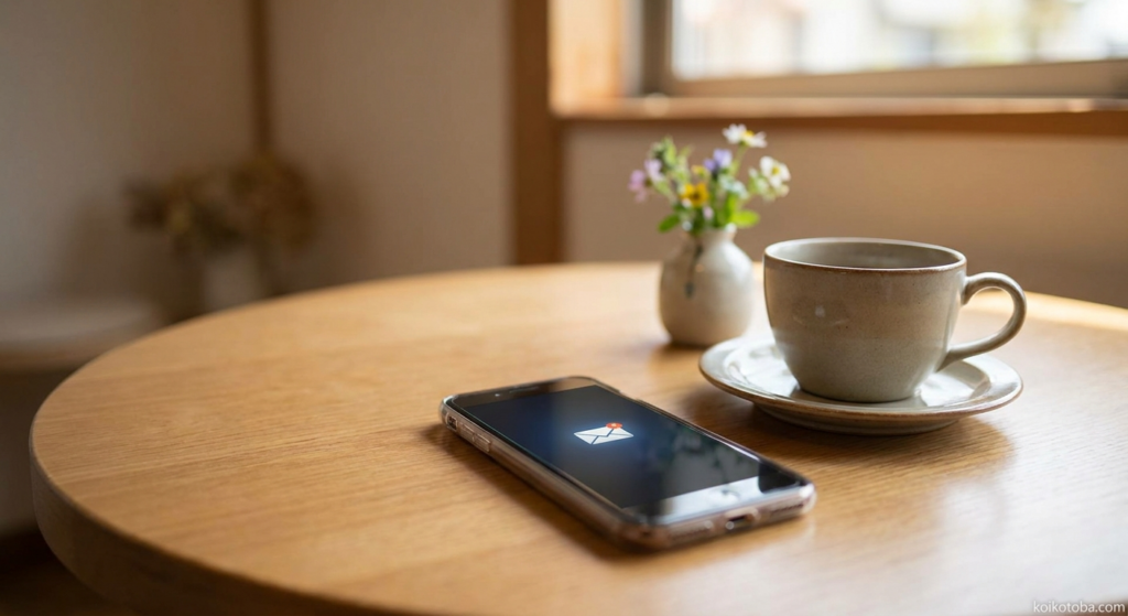 カフェのテーブルに置かれたスマートフォンとコーヒーカップ