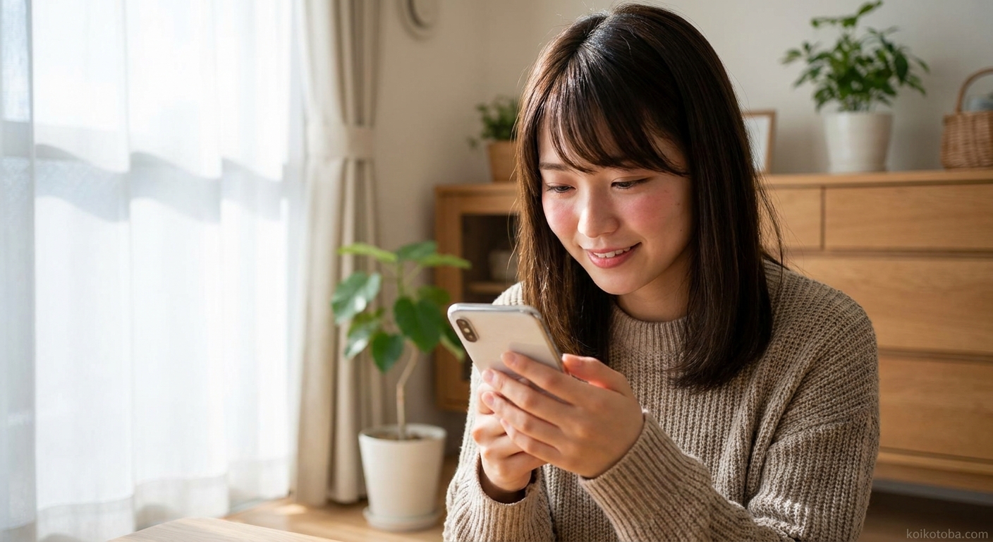 スマートフォンを持ちながら微笑む若い女性