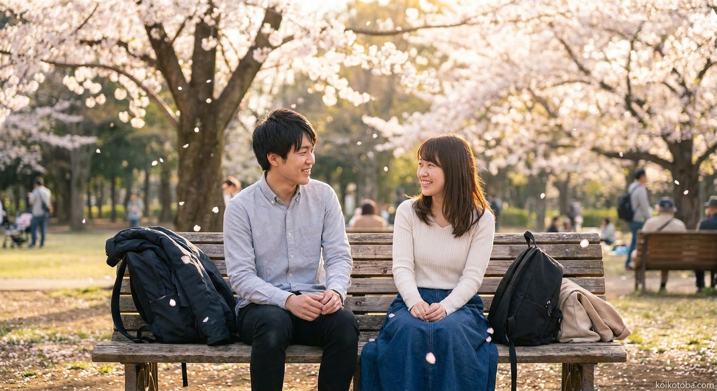公園のベンチで笑顔で会話する若い男女