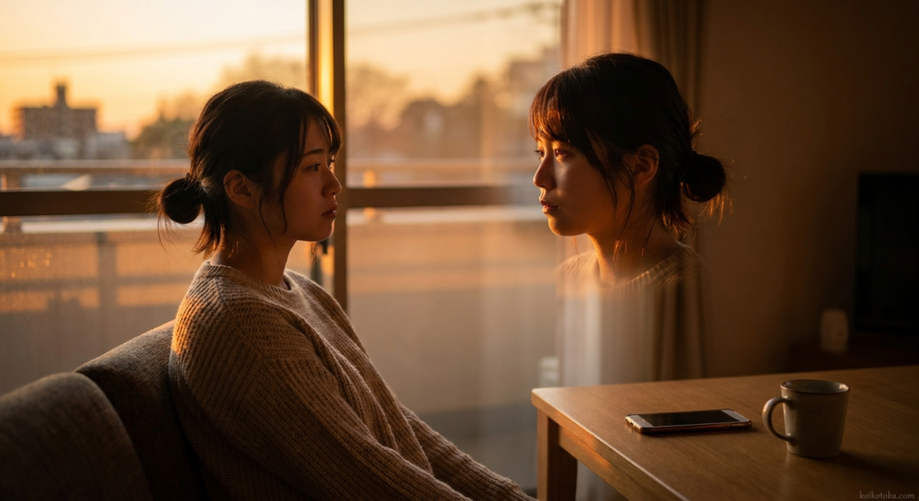 窓辺でスマートフォンを前に物思いにふける女性
