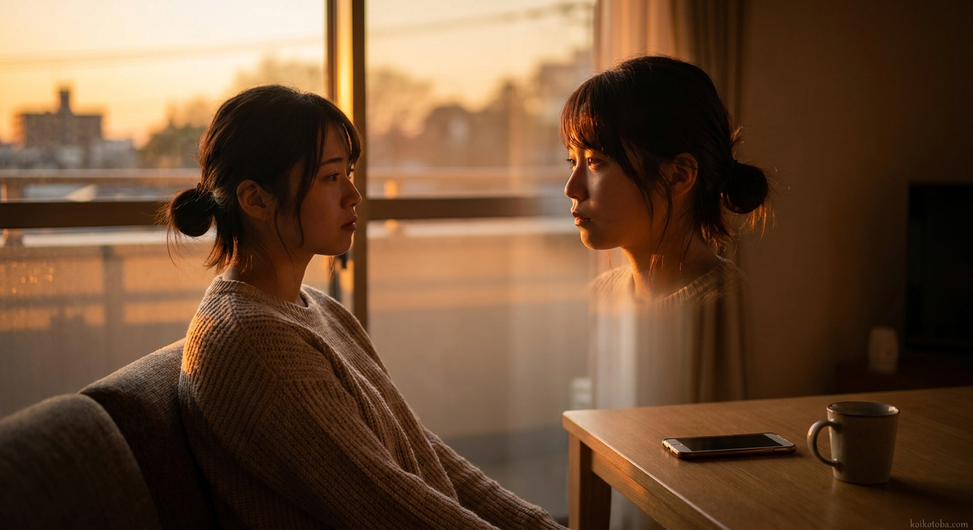 窓辺でスマートフォンを前に物思いにふける女性