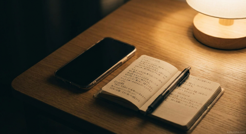 夜のテーブルに置かれたスマートフォンと手帳
