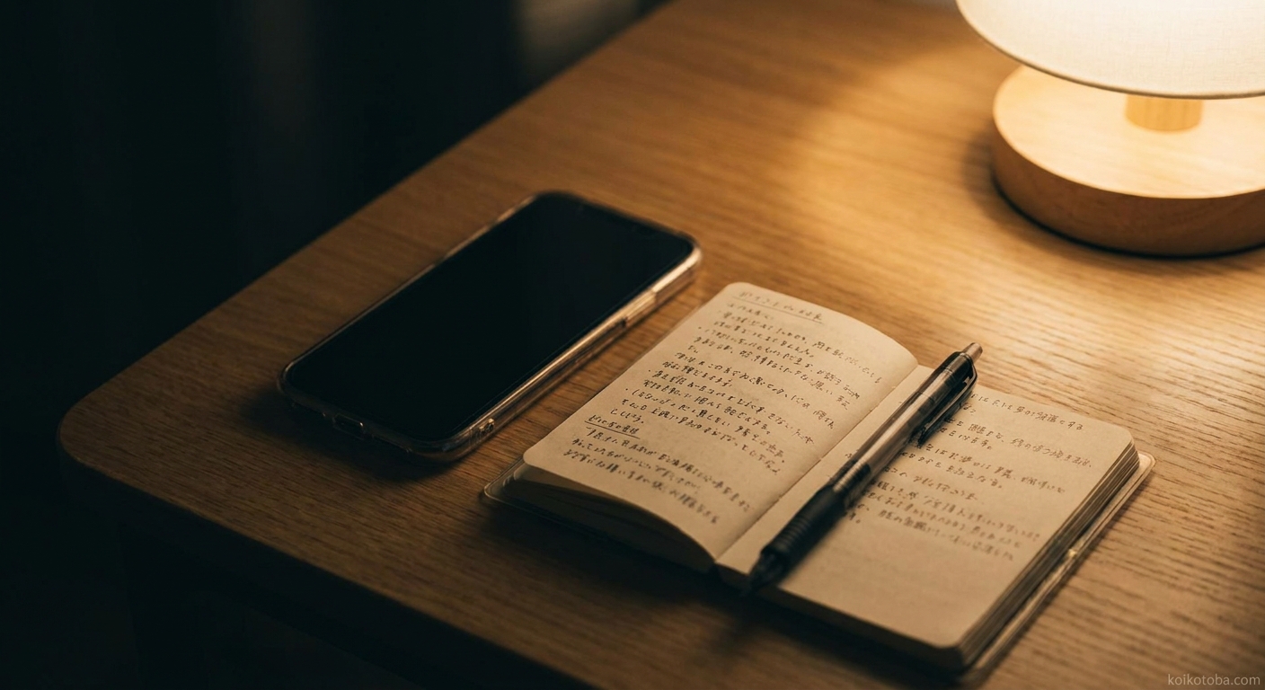 夜のテーブルに置かれたスマートフォンと手帳