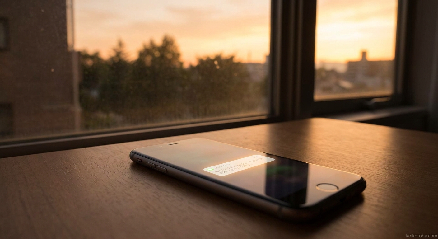 夕焼けの光が差し込む窓辺に置かれたスマートフォンとメッセージ通知