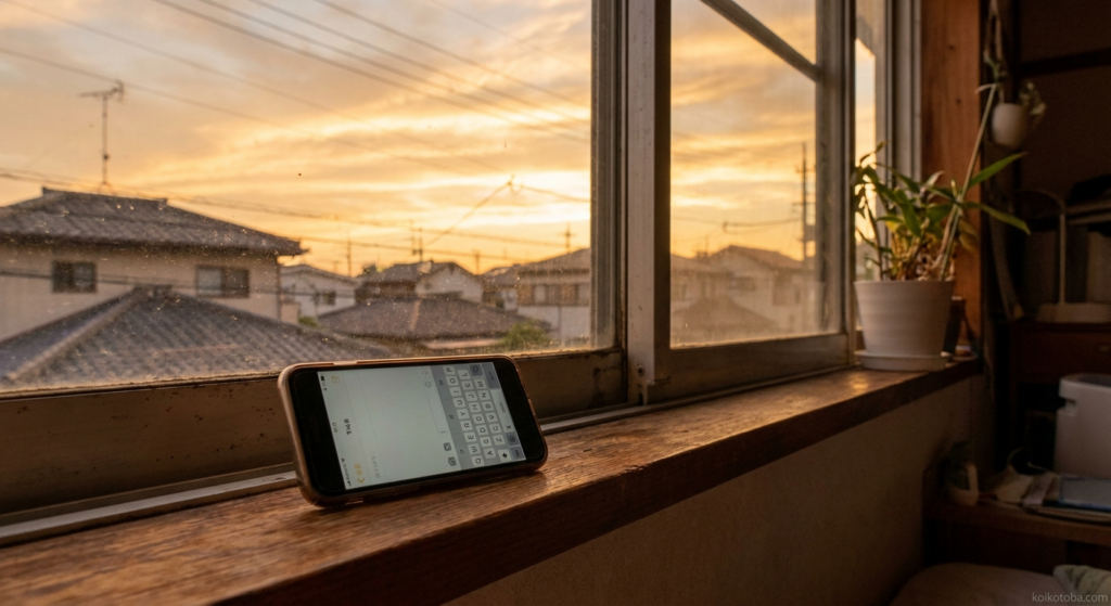 夕暮れの窓辺に置かれたスマートフォンと帰省前の夏の情景