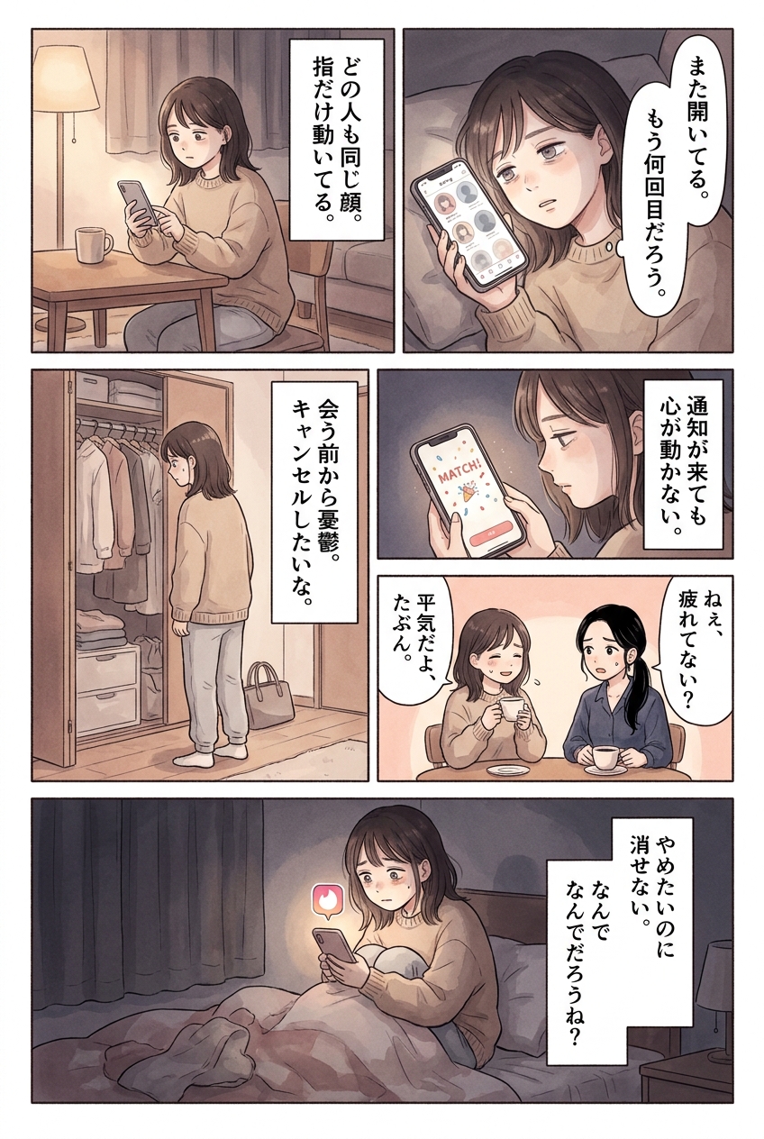 マッチングアプリ疲れとは？あるある診断7選と対処法｜恋愛マンガ