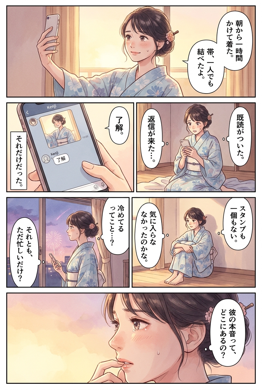 彼氏の浴衣反応が薄い理由7選｜本音を引き出すLINE術｜恋愛マンガ