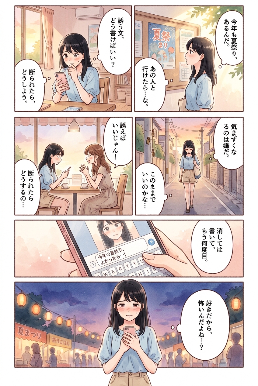好きな人への夏祭りの誘い方｜断られた時の切り返し5選｜恋愛マンガ