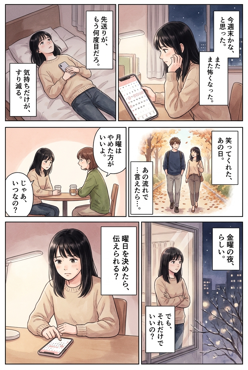 告白は何曜日がいい？金曜夜・土曜昼が向いている理由と避けたい日｜恋愛マンガ