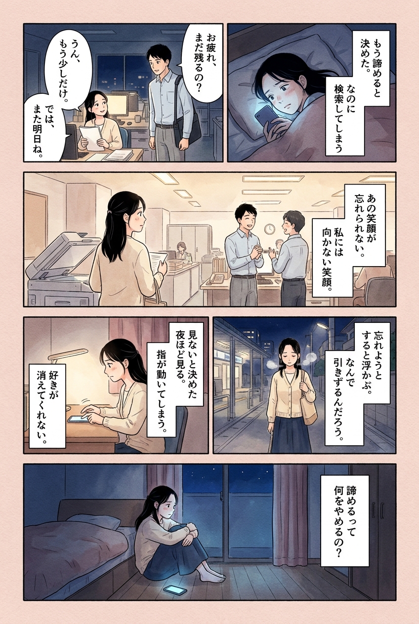 片思いが諦められない夜に｜心を整理する6つの手順と“最後のLINE”例文｜恋愛マンガ