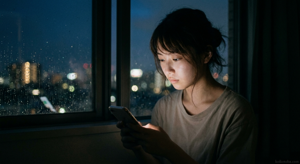 夜の窓辺でスマートフォンを見つめる女性