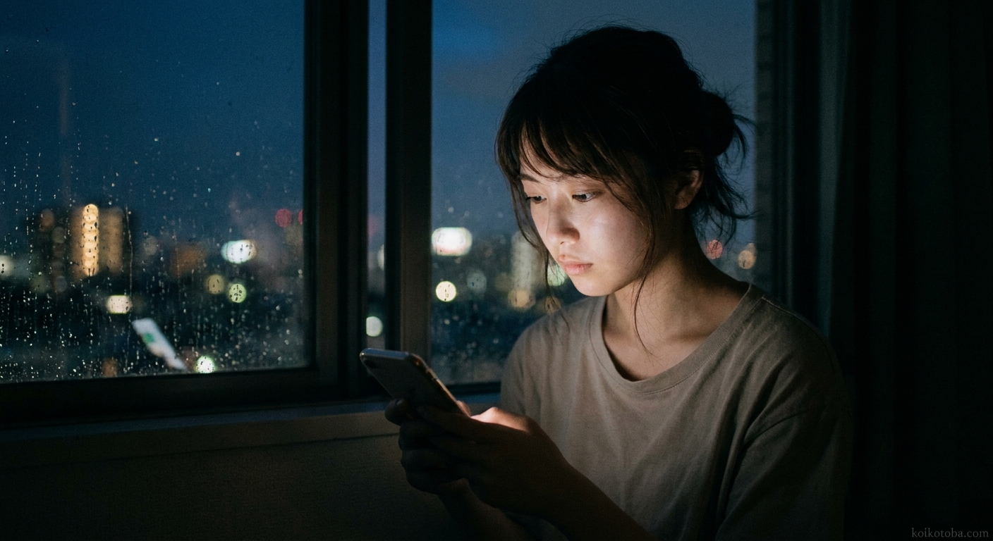 夜の窓辺でスマートフォンを見つめる女性
