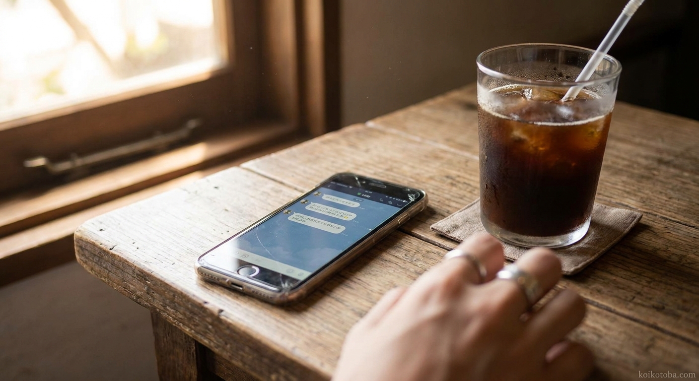 夏の日差しの中、LINEのトーク画面が映るスマートフォンとアイスコーヒー