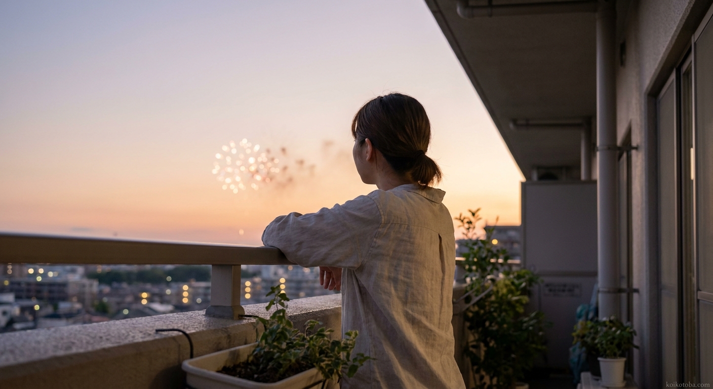 ベランダから一人で花火を見つめる女性の後ろ姿