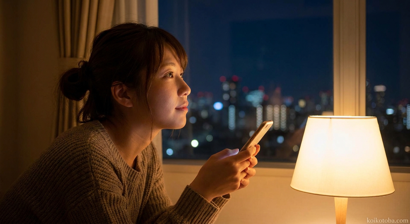 夜の窓辺でスマートフォンを手に持ち、外を眺める女性