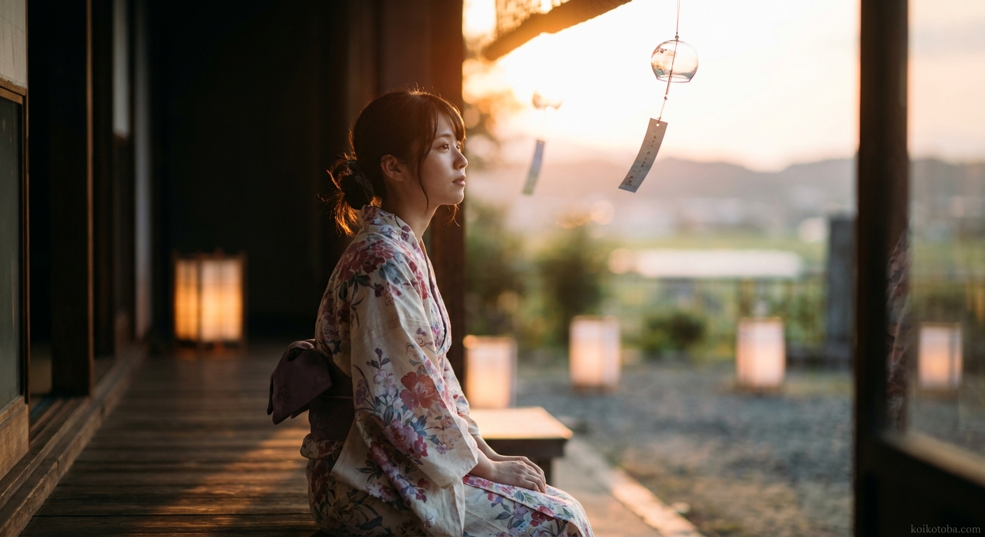 夕暮れの縁側で遠くを眺める浴衣姿の女性。お盆の夏の情景。
