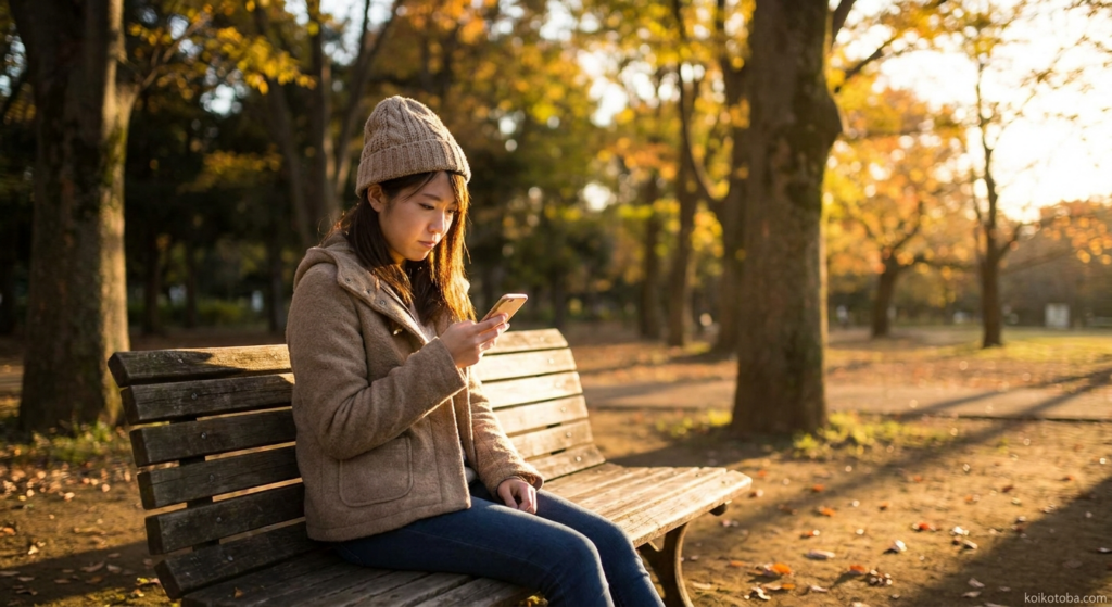 夕暮れの公園でスマートフォンを見つめる女性