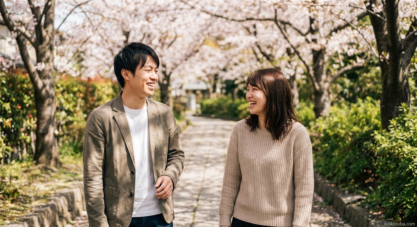 春の遊歩道を並んで歩き笑顔で話す二人