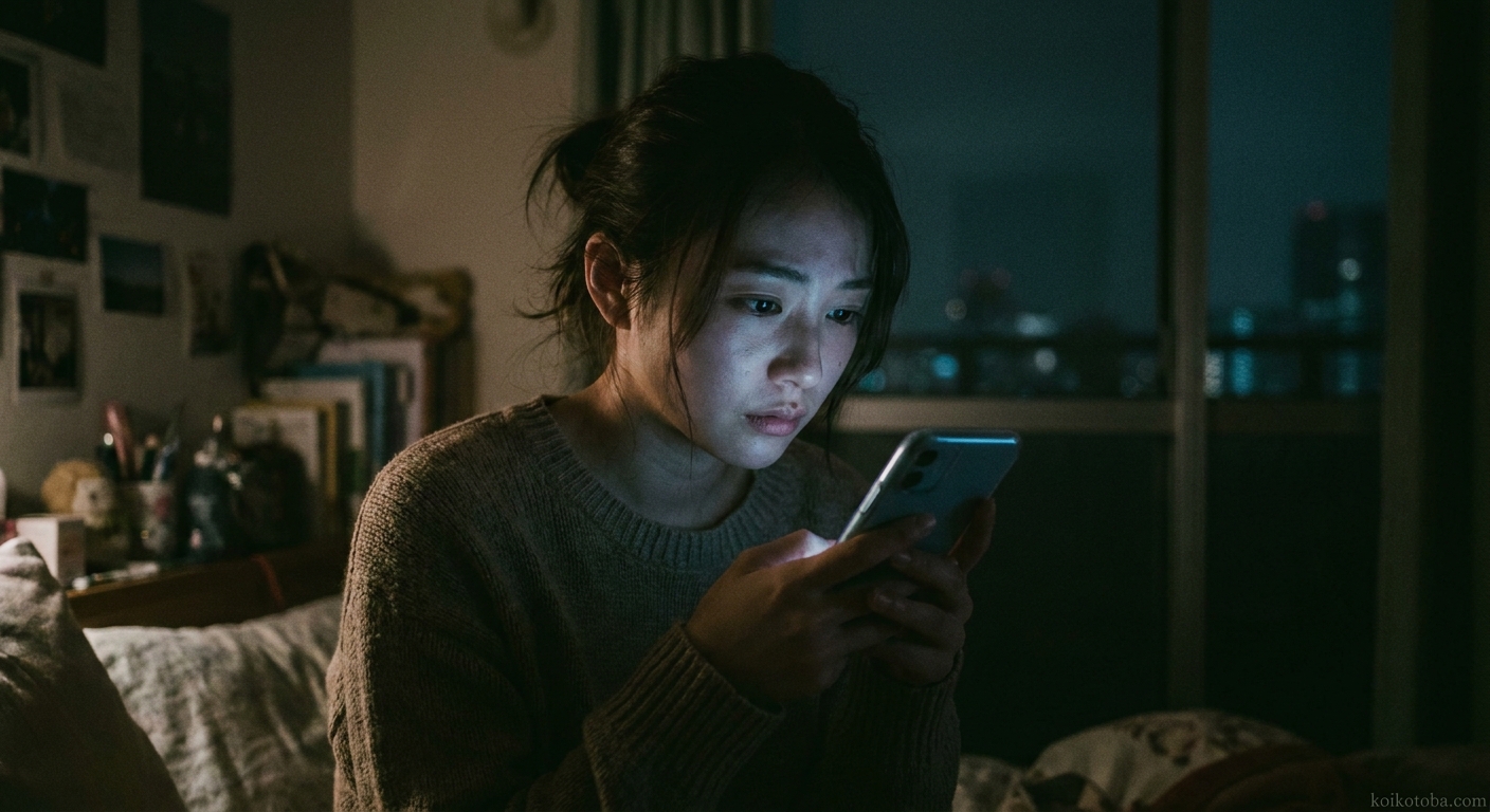 夜にスマートフォンを見つめる女性