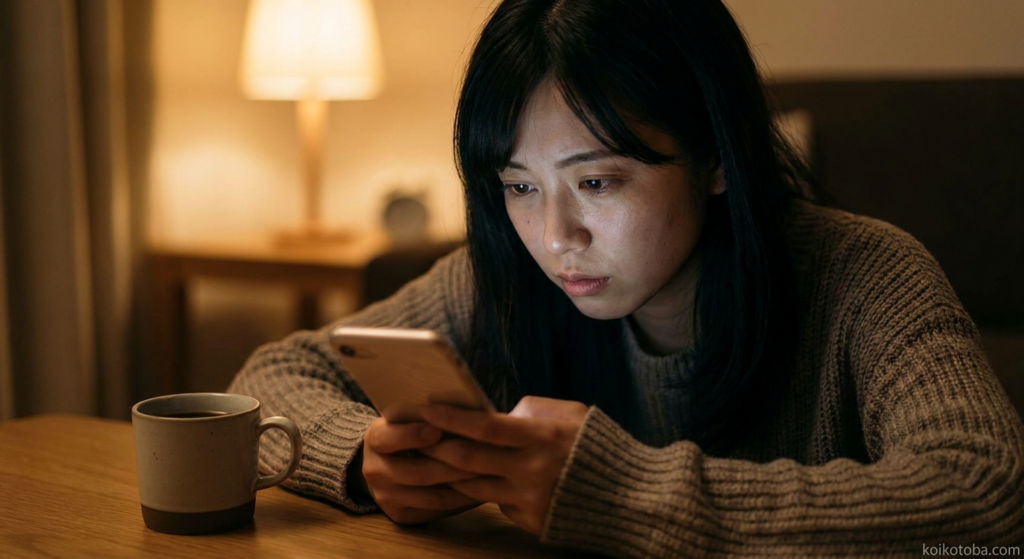 夜にスマートフォンを見つめる女性